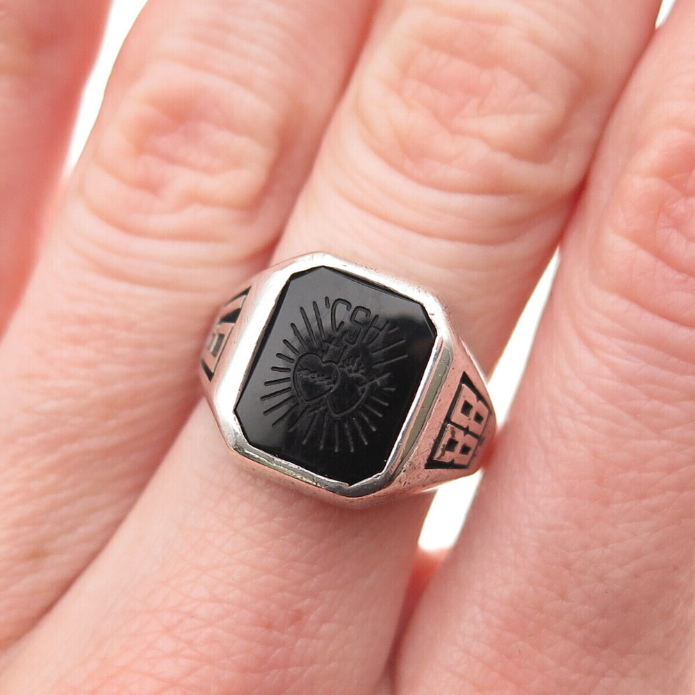 925 Sterling Silver Vintage 1988 Real Black Onyx CSH School Ring Size 6.5